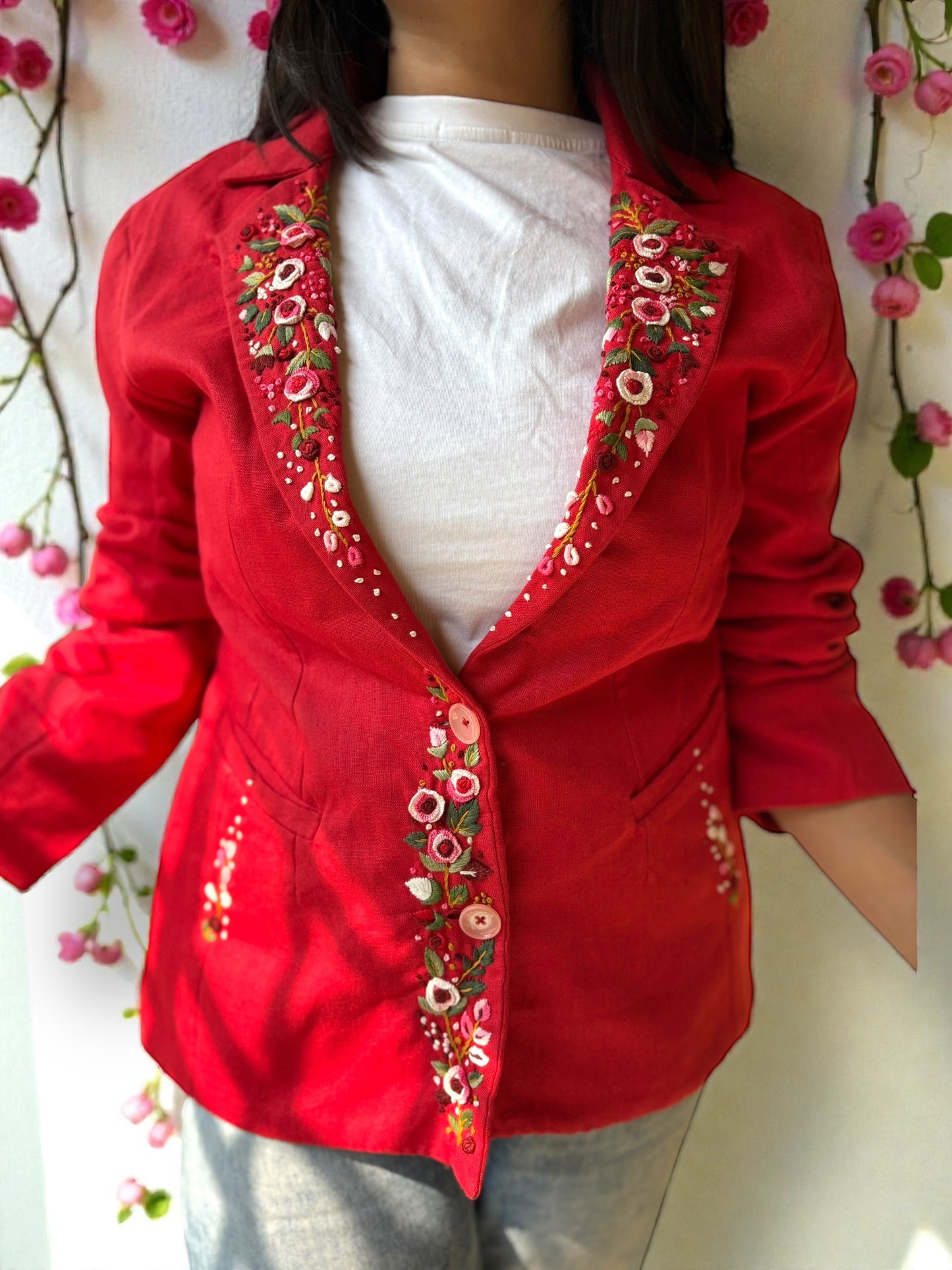 Thea Hand-Embroidered Cotton Jacket - Red