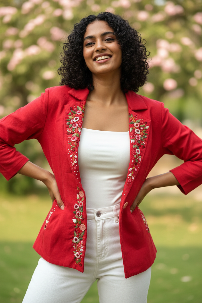 Thea Hand-Embroidered Cotton Jacket - Red