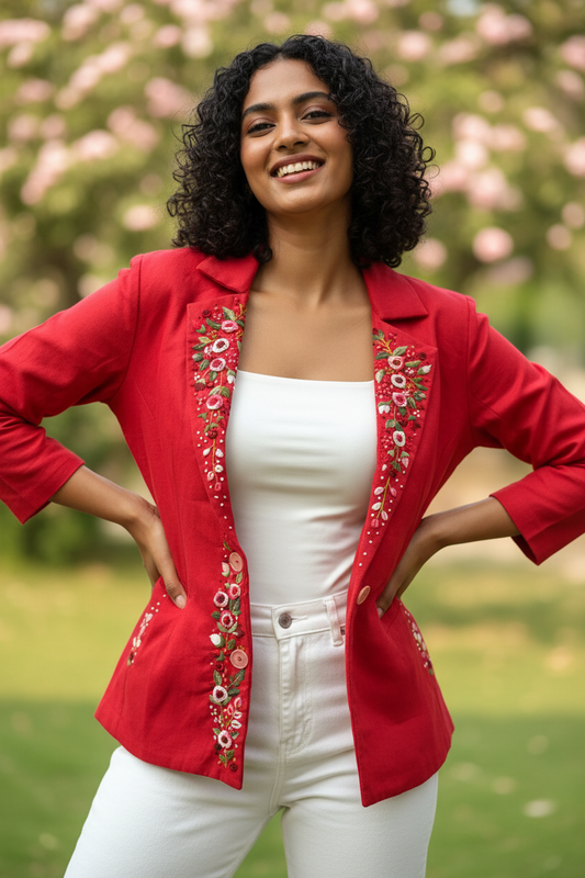 Thea Hand-Embroidered Cotton Jacket - Red