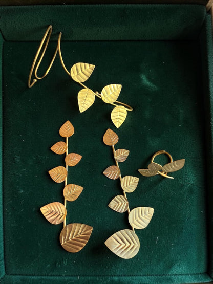 Leafy Affair Brass Dangler Earrings Jewelry Set (Earrings, Bracelet, Ring)