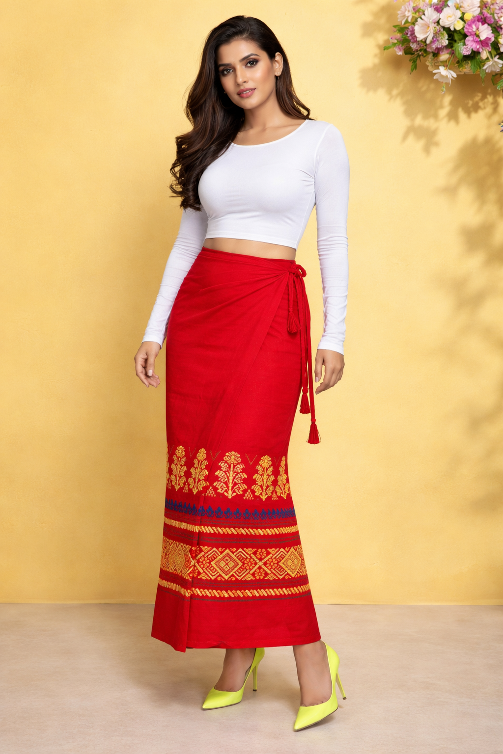 Naobi Assamese Cotton Wrap Skirt - Red