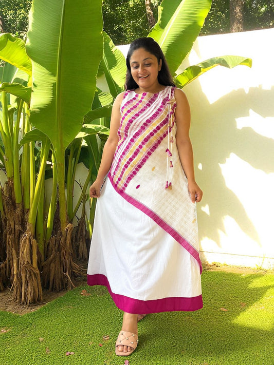 Birangana Assamese Cotton Long Dress - White & Purple
