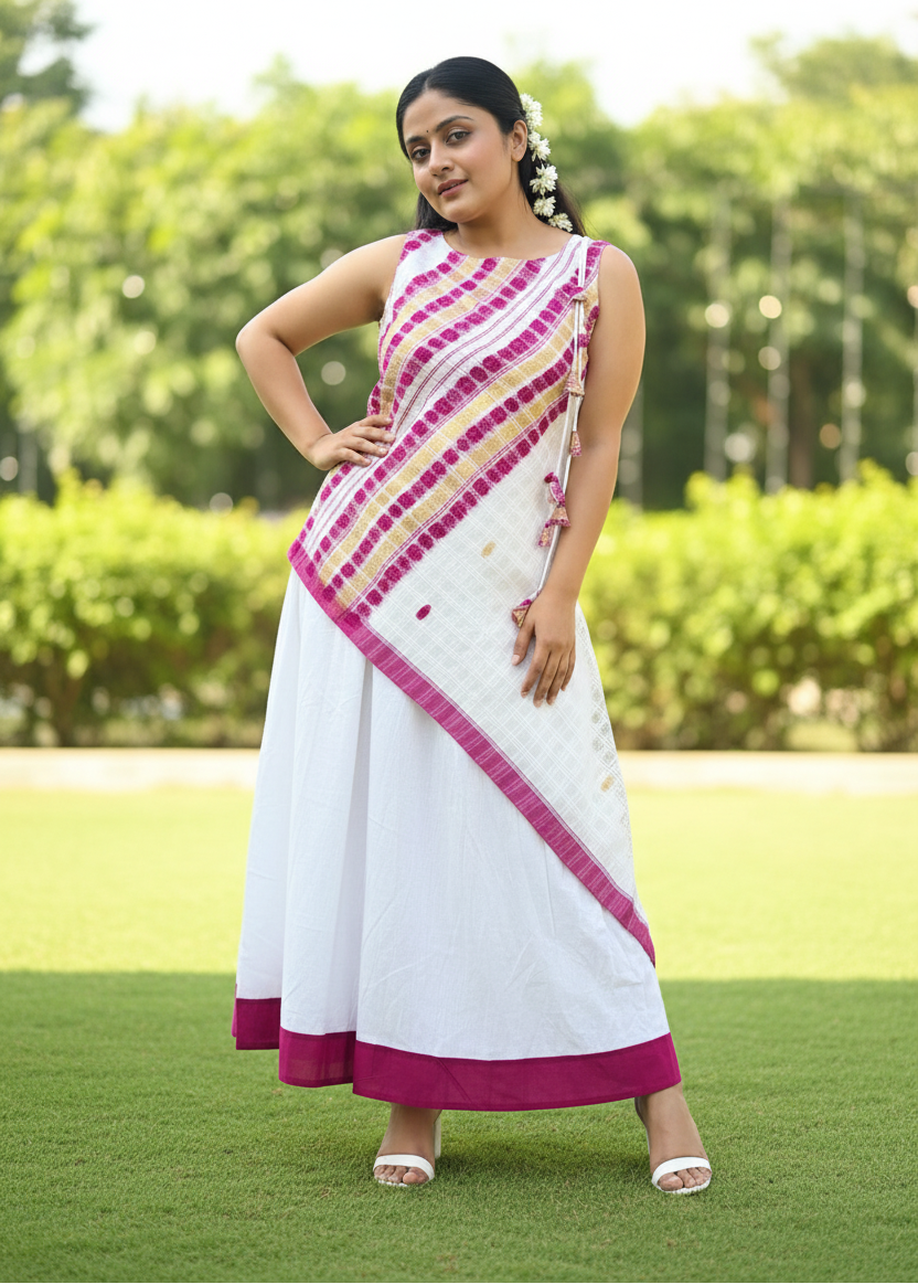 Birangana Assamese Cotton Long Dress - White & Purple
