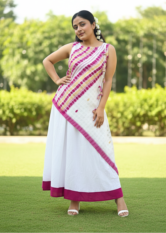 Birangana Assamese Cotton Long Dress - White & Purple