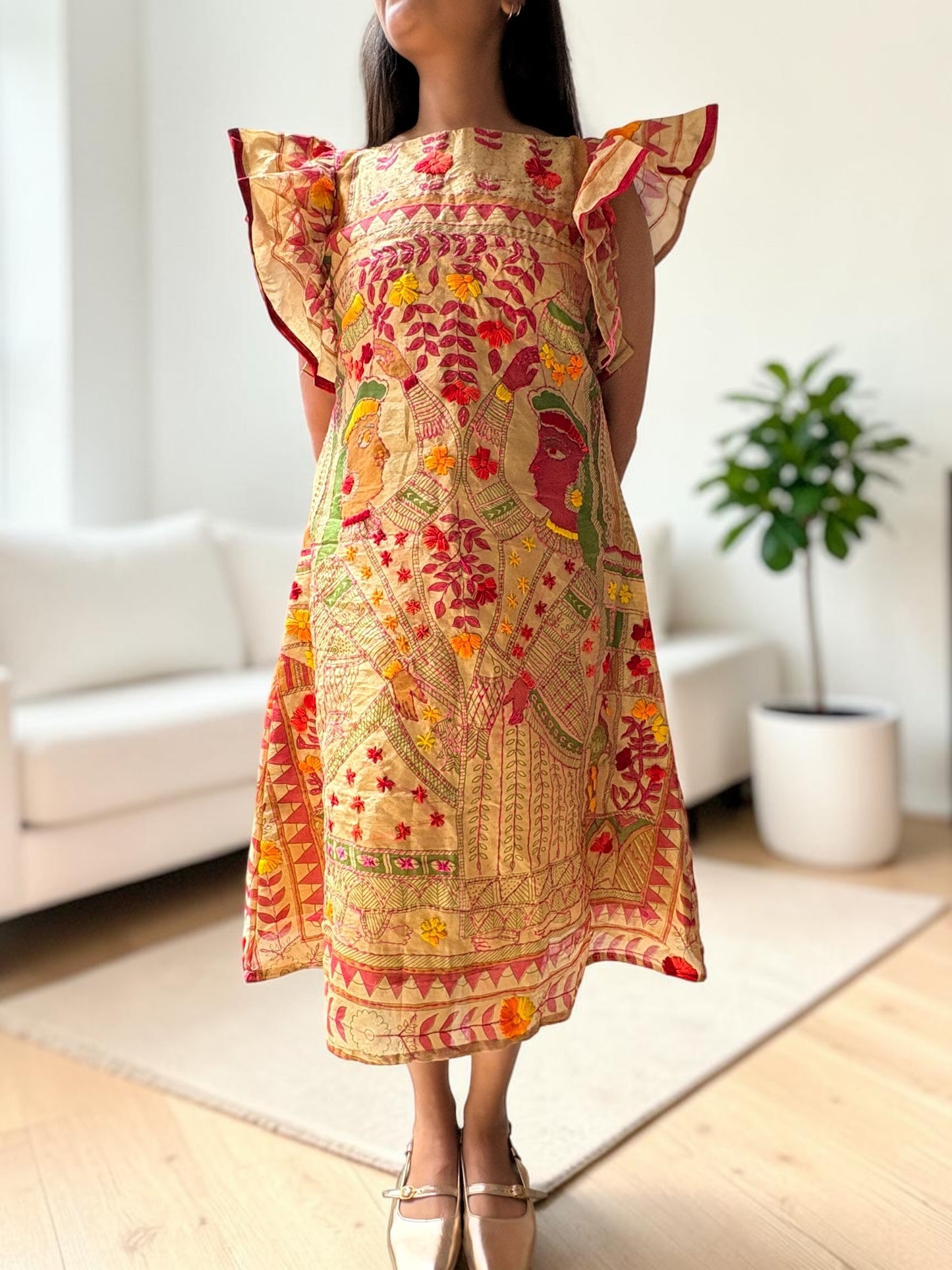 Butterfly Wings Embroidered Phulkari A-line Dress - Beige
