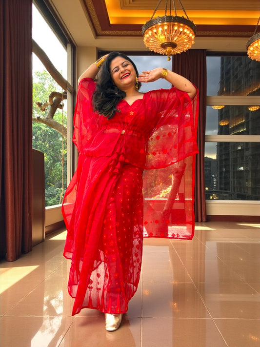 Rose Jamdani Saree Skirt, Kaftan Jacket & Top Coord Set