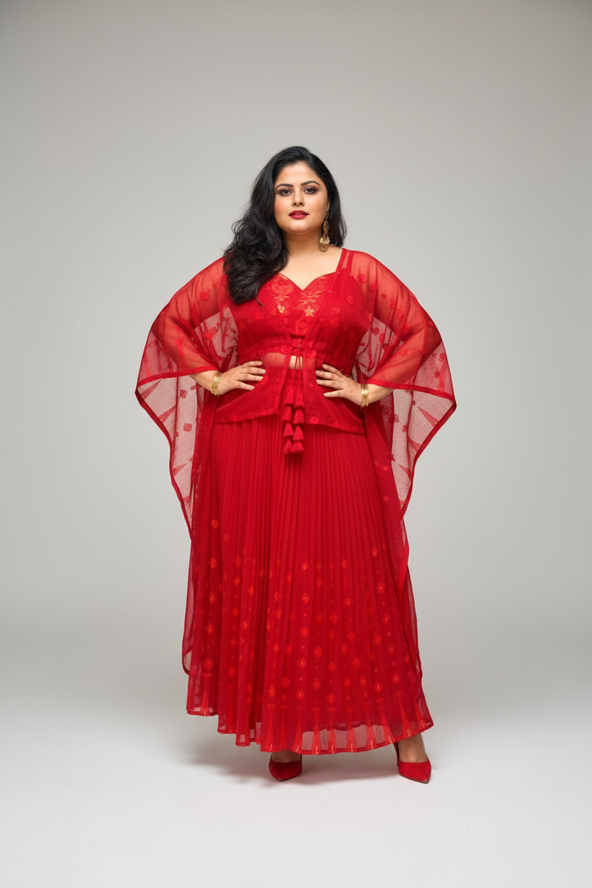 Rose Jamdani Saree Skirt, Kaftan Jacket & Top Coord Set