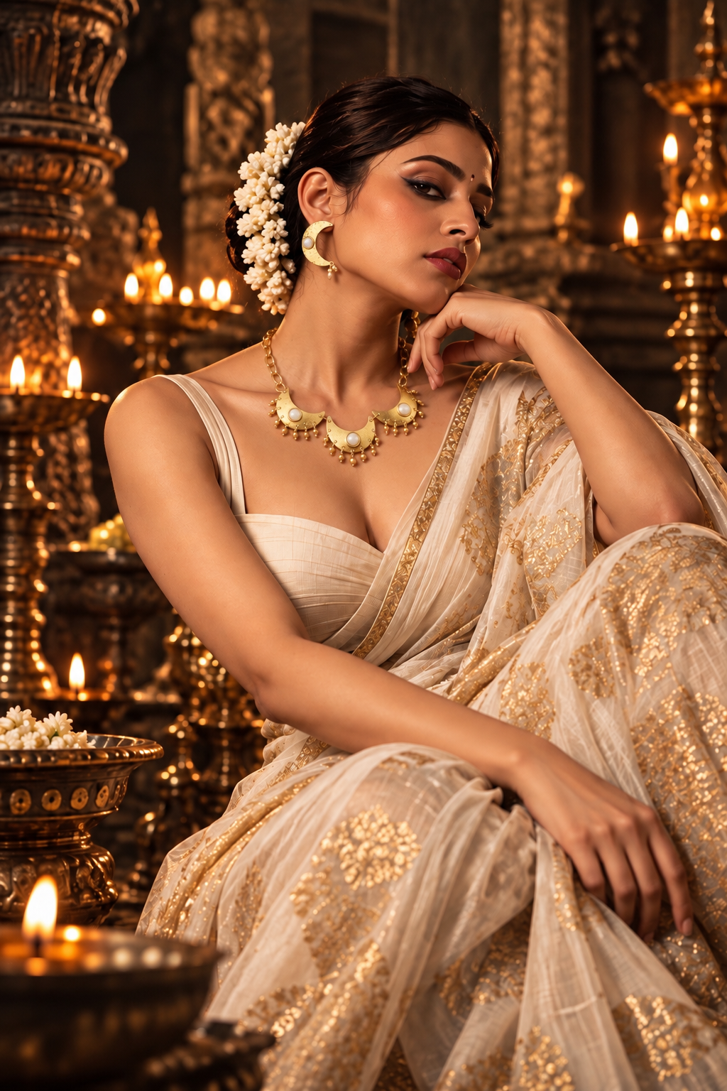 Tritiya Chandni Moon Pearl Brass Statement Necklace Set (Necklace + Earrings)