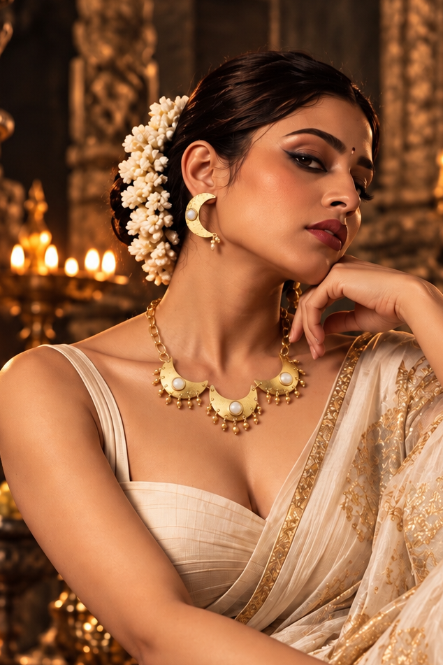 Tritiya Chandni Moon Pearl Brass Statement Necklace Set (Necklace + Earrings)