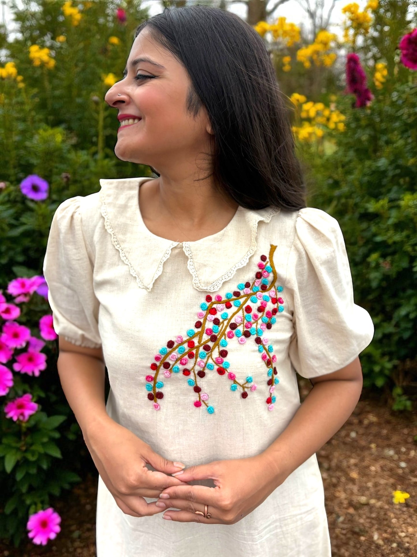 Candycrush Puff Sleeved Embroidered Khadi Cotton A-line Dress - Cream
