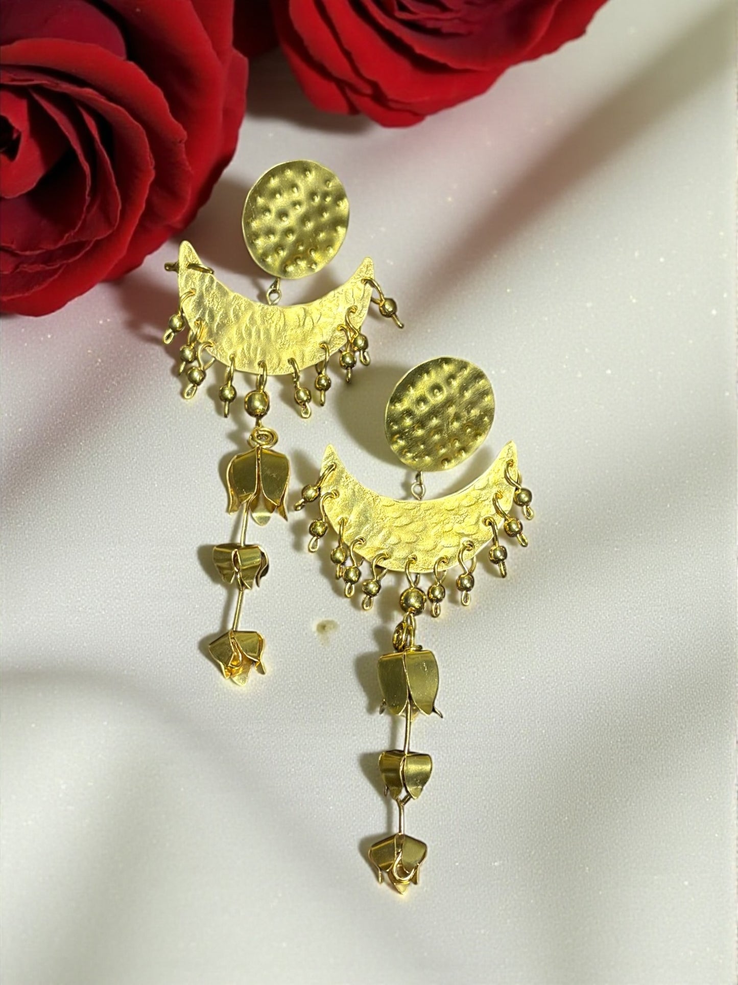 Moon Flower Brass Statement Dangler Earrings
