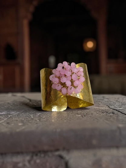 Flower Bouquet Cuff Crystal and Brass Bracelet - Light Pink