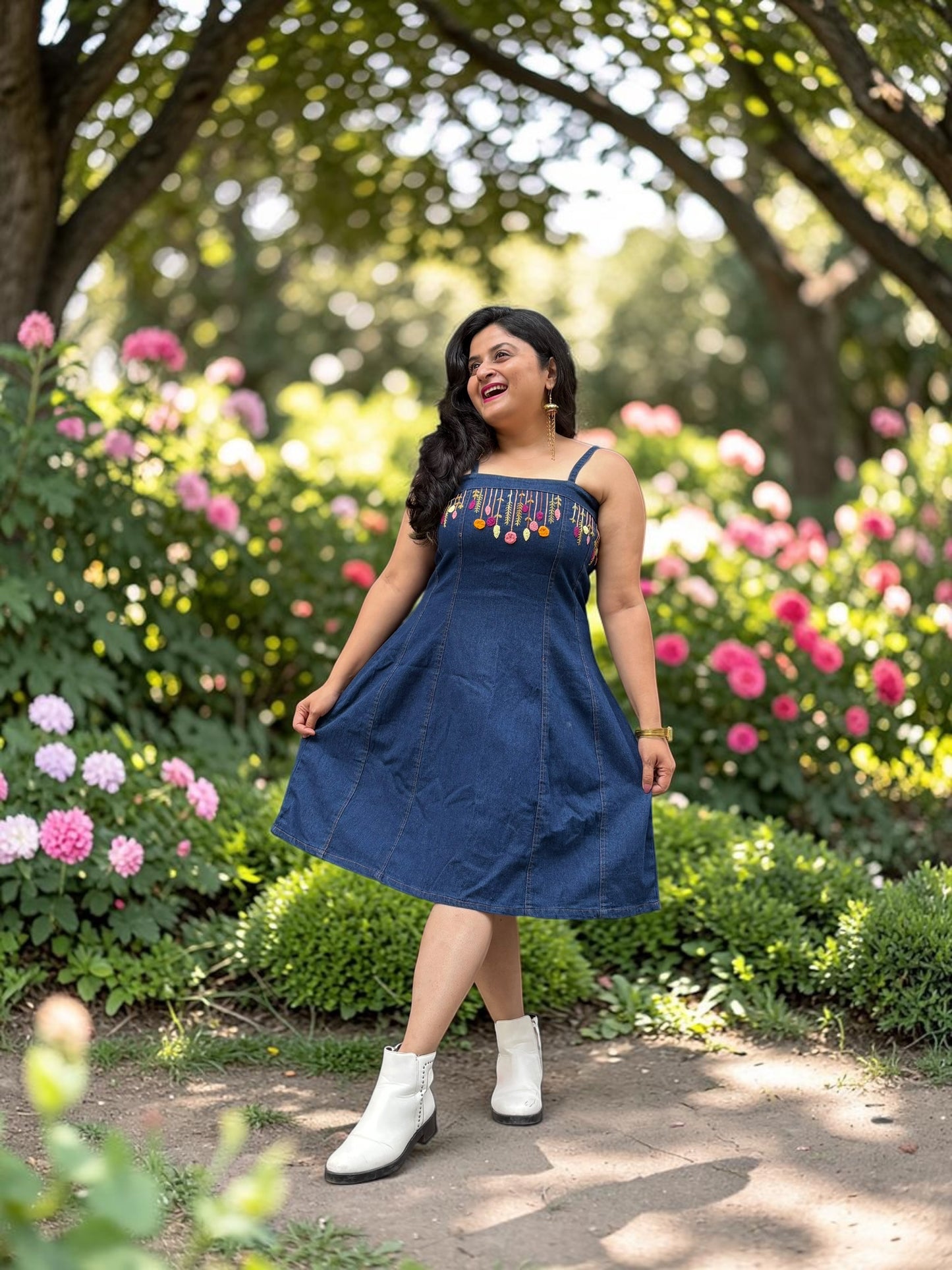 Gina Hand-Embroidered Strappy Denim Dress