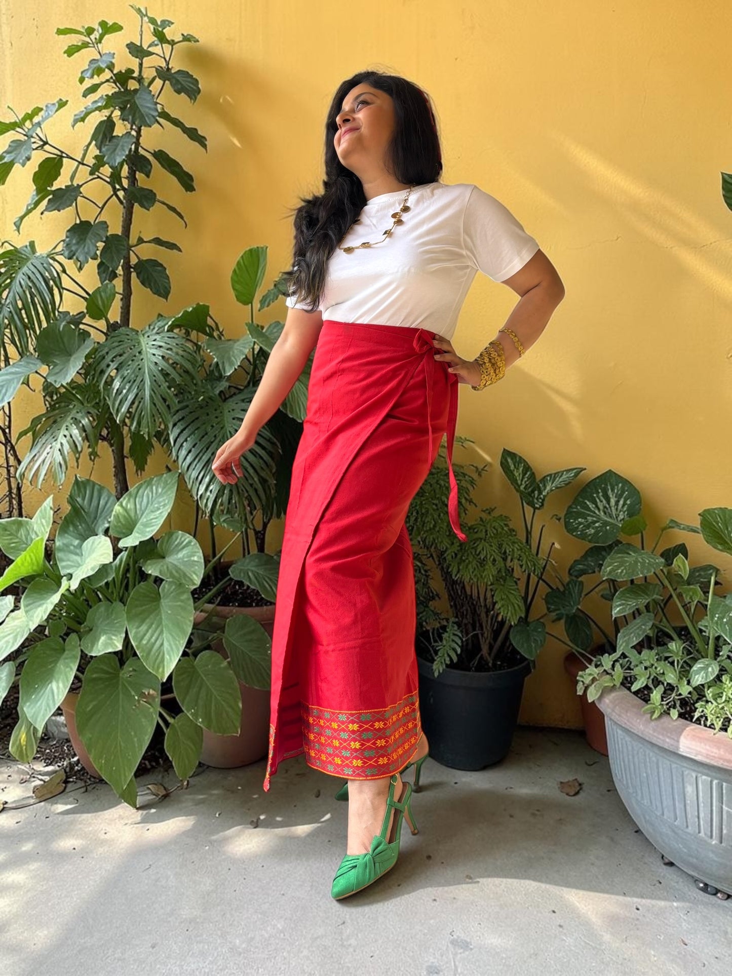 Naobi Assamese Cotton Wrap Skirt - Red