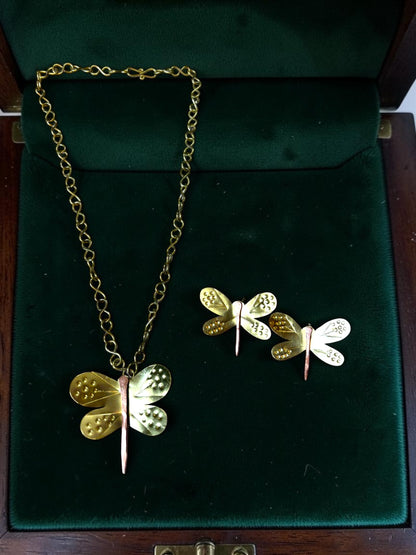 Dragonfly Brass Pendant Chain Necklace Jewelry Set (Necklace, Earrings, Ring)-1