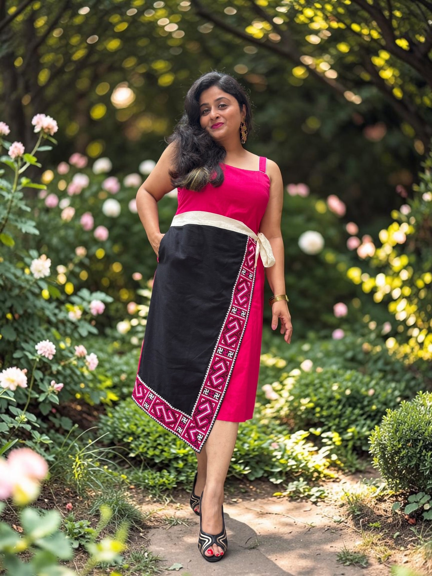 Helena Embroidered Wrapover Cotton Sheath Dress - Black Pink