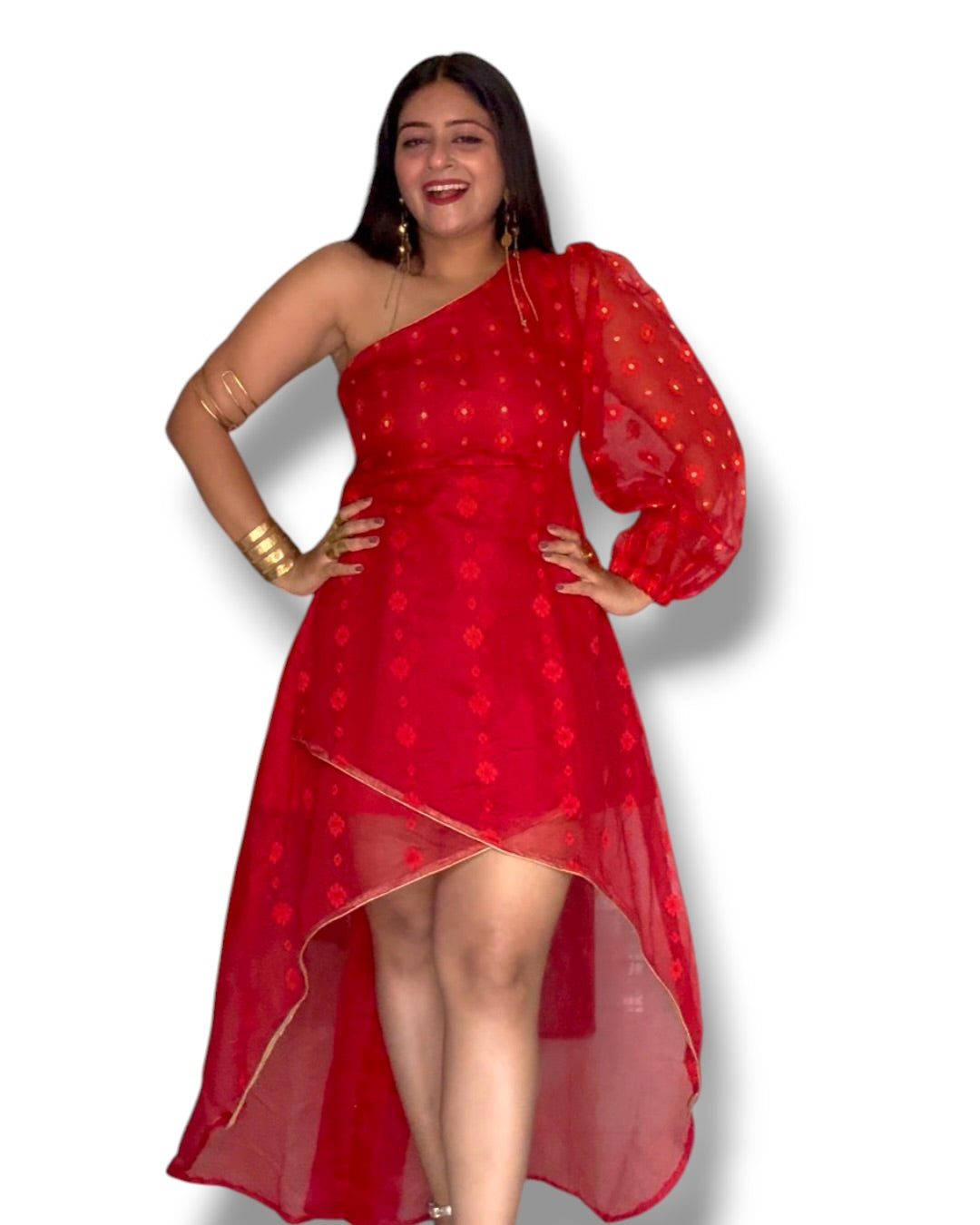 Firebird Jamdani Cotton High Low Dress - Red
