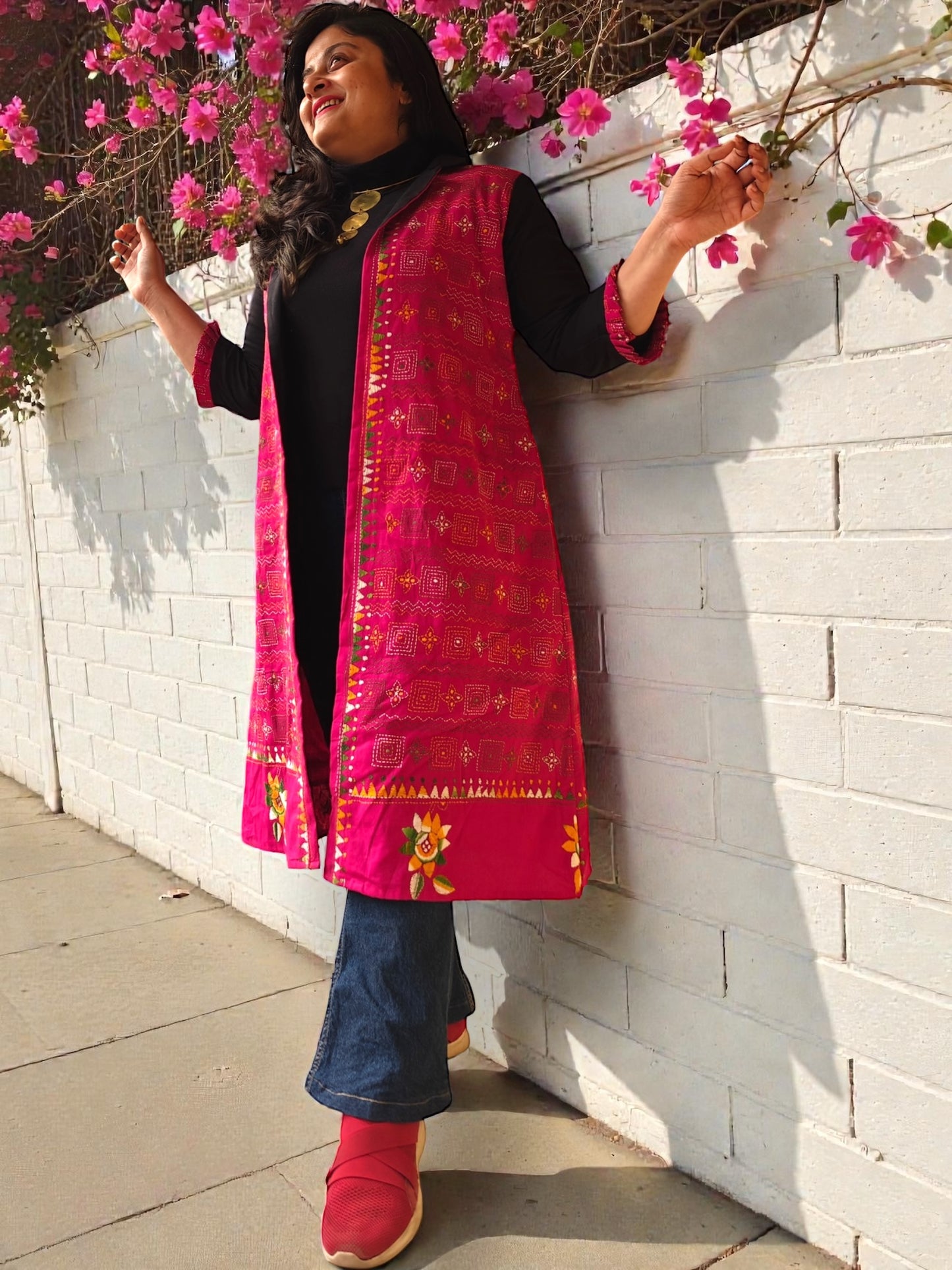 Malini Kanthastitch Cotton Long Jacket - Deep Pink