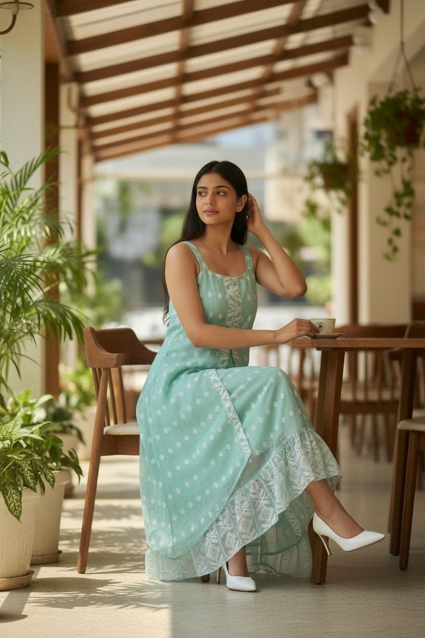 Jasmine Jamdani Cotton Layered Dress - Blue