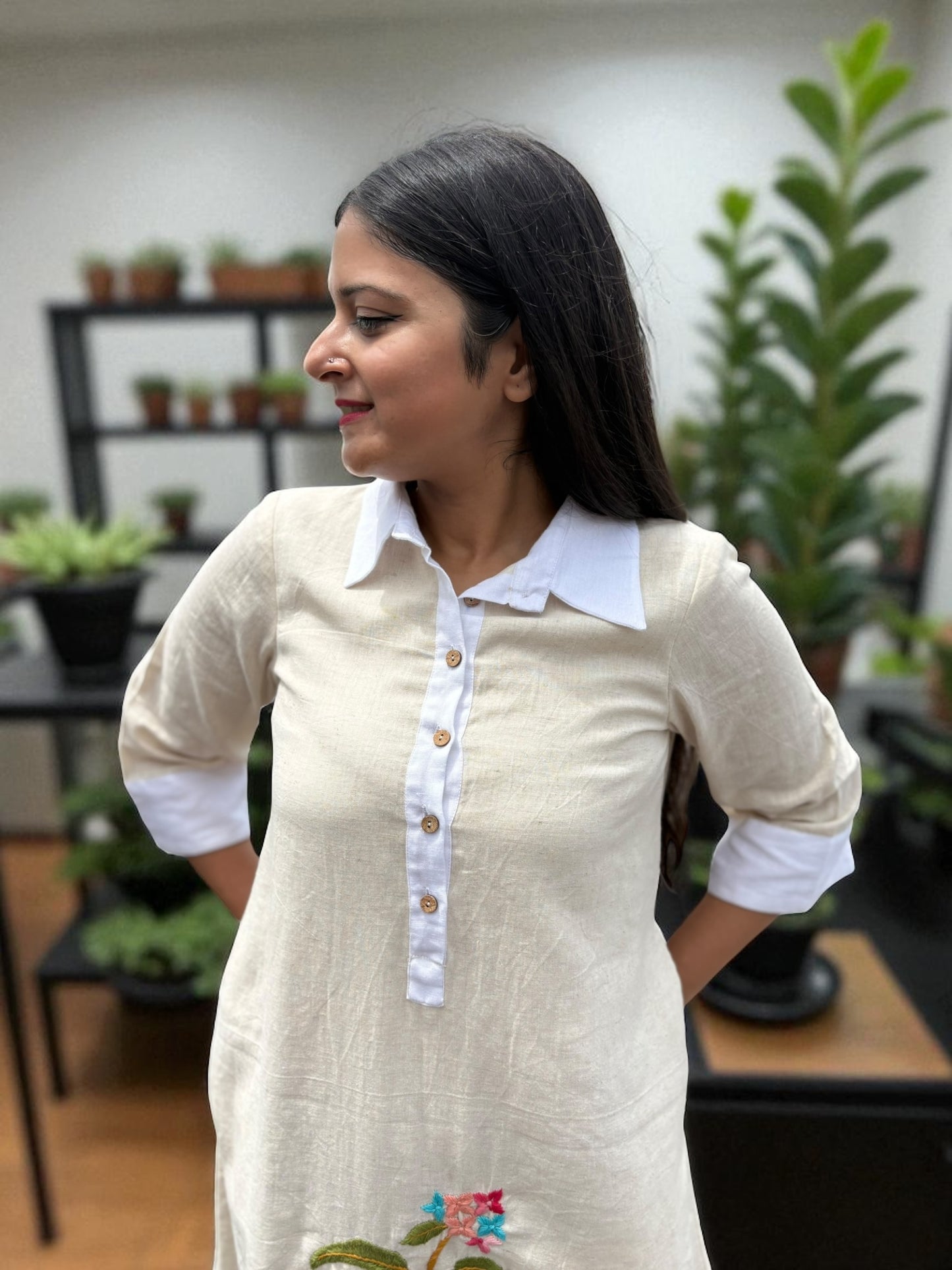 Sarang Antifit Sleeves Embroidered Khadi Cotton A-line Dress - Cream