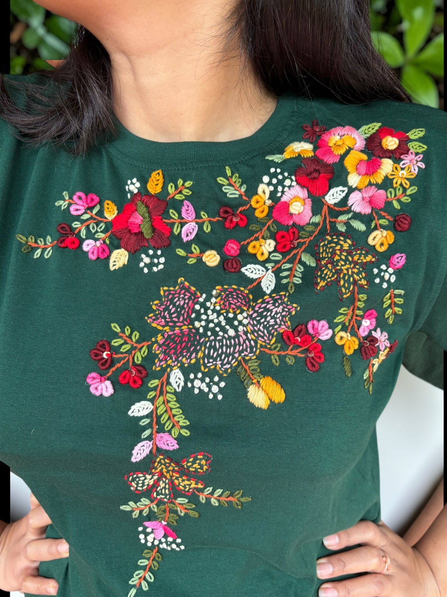 Hana Embroidered T-shirt Top - Green Shoulder