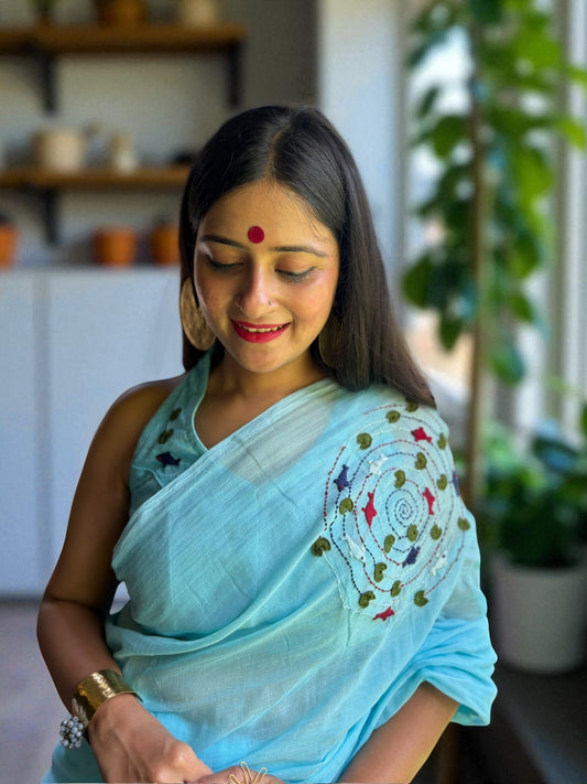 Water Hand-Embroidered Cotton Saree - Blue