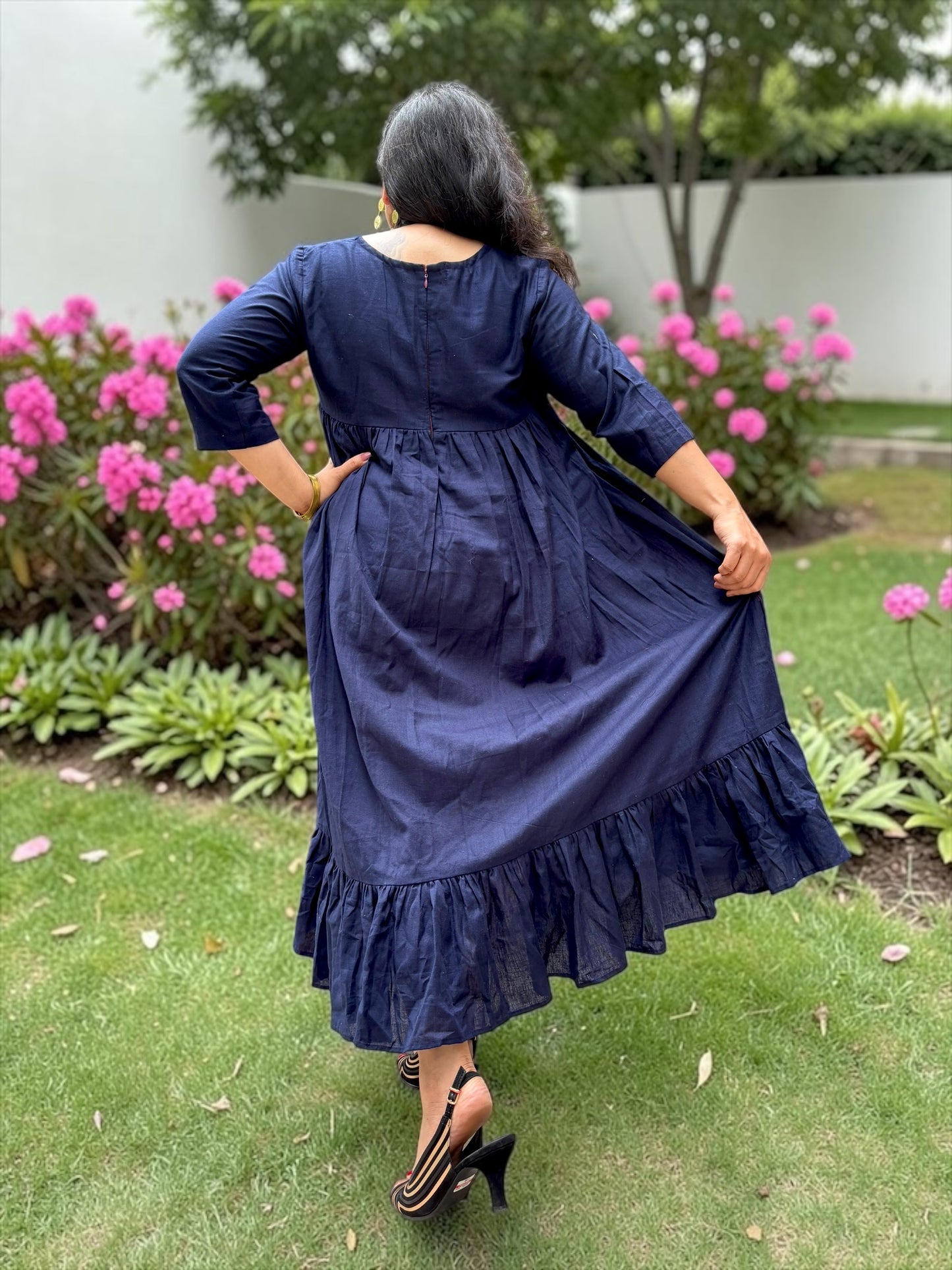 Disha Hand-Embroidered Cotton Midi Dress - Navy Blue