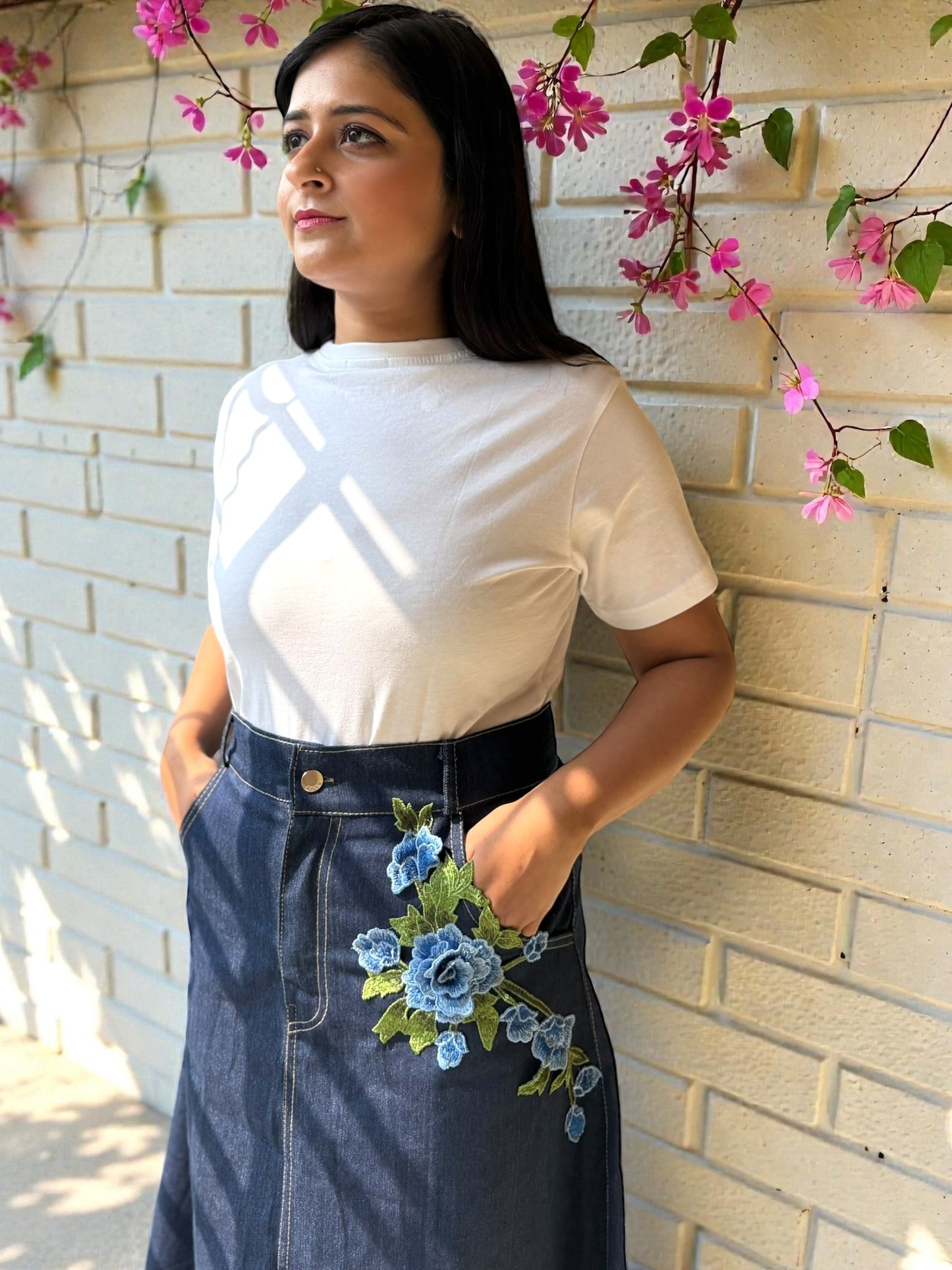 Eve Embroidered Applique Denim Long Skirt - Blue