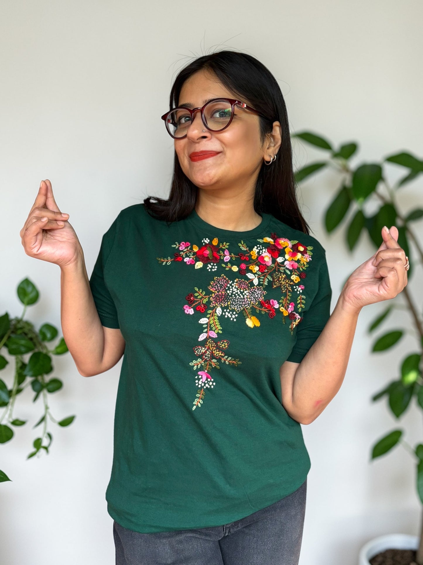 Hana Embroidered T-shirt Top - Green Shoulder