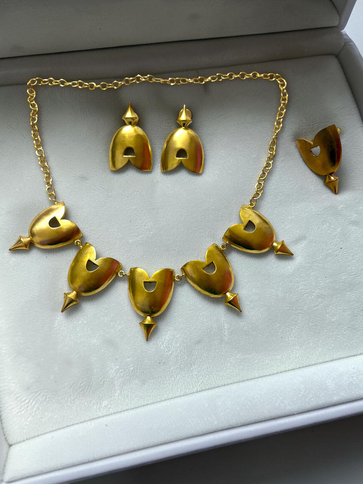 Elara Premium Sculptural Brass Necklace Jewelry Set (Necklace, Earrings, Ring)