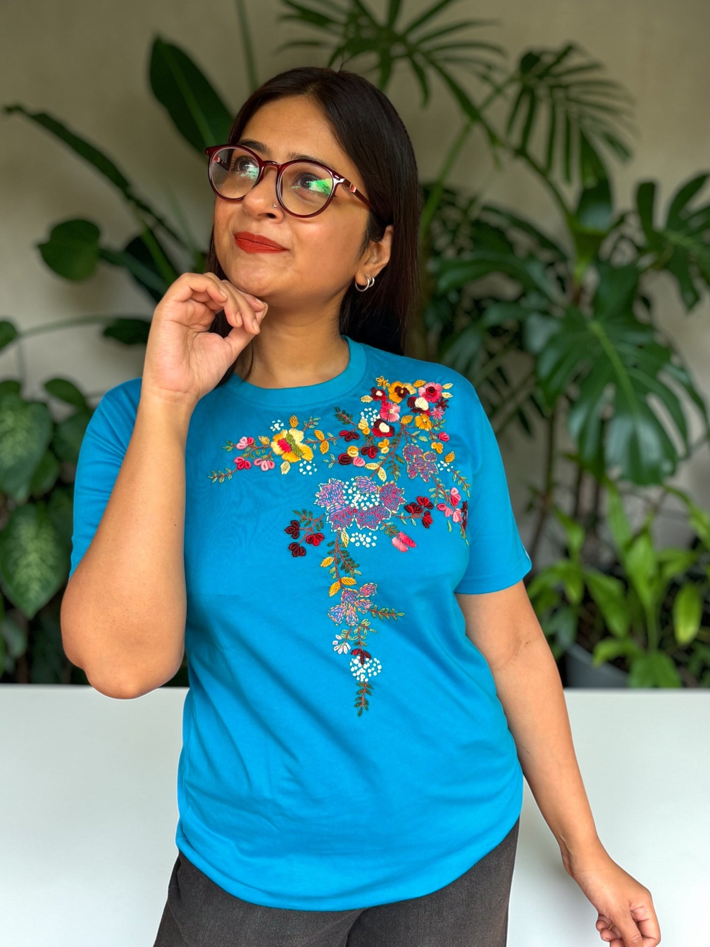 Hana Embroidered T-shirt -  Turquoise Shoulder