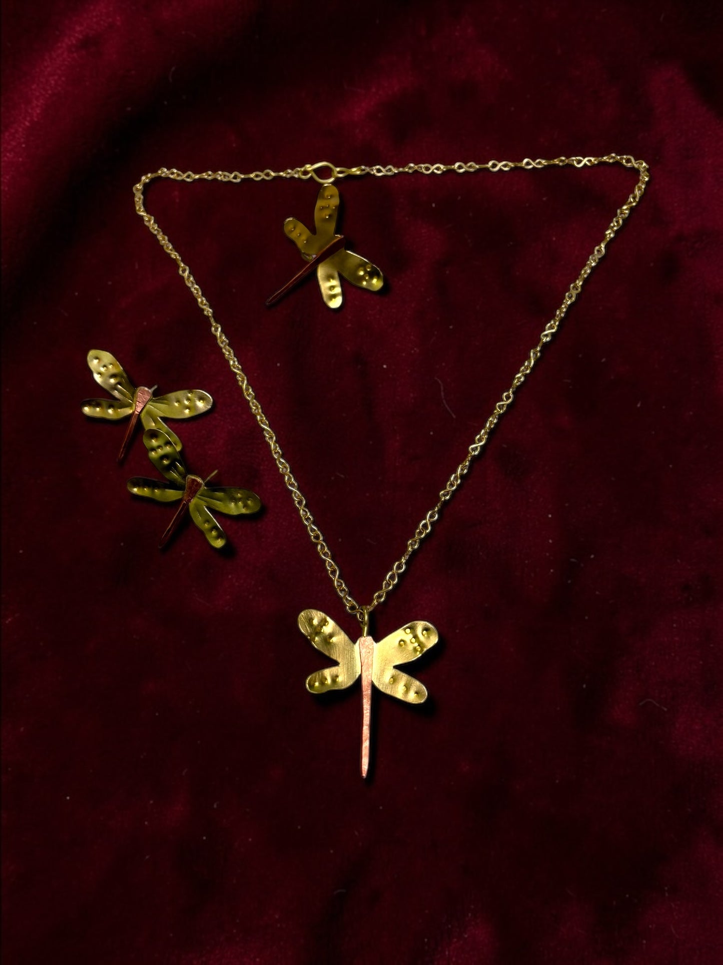 Dragonfly Brass Pendant Chain Necklace Jewelry Set (Necklace, Earrings, Ring)