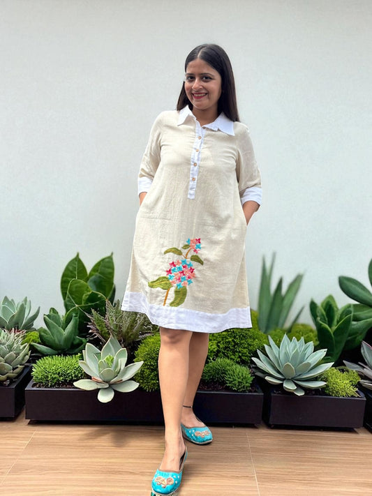 Sarang Antifit Sleeves Embroidered Khadi Cotton A-line Dress - Cream