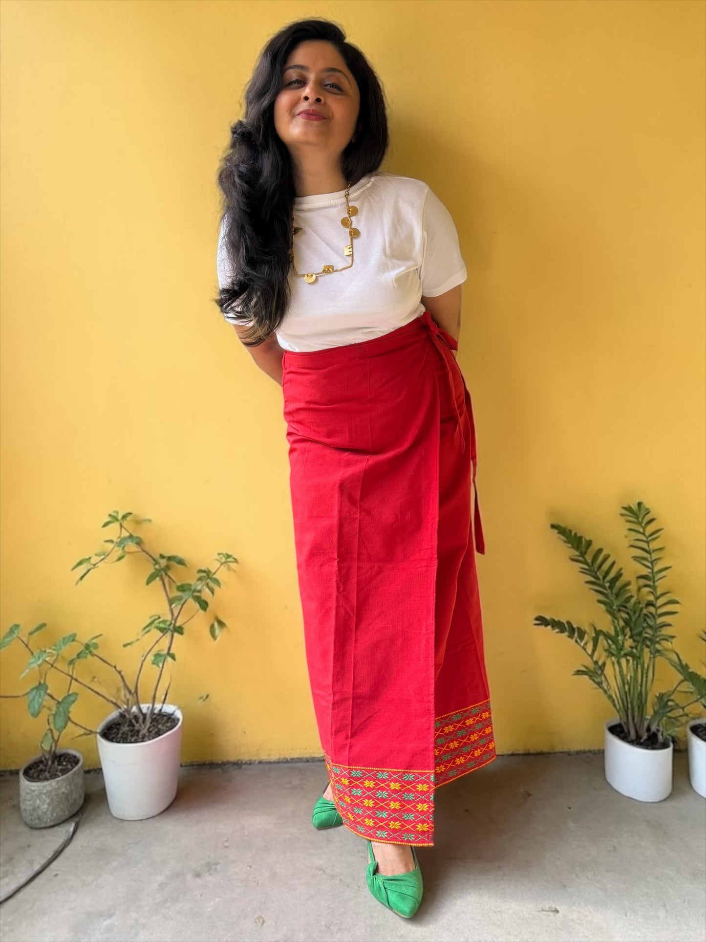 Naobi Assamese Cotton Wrap Skirt - Red