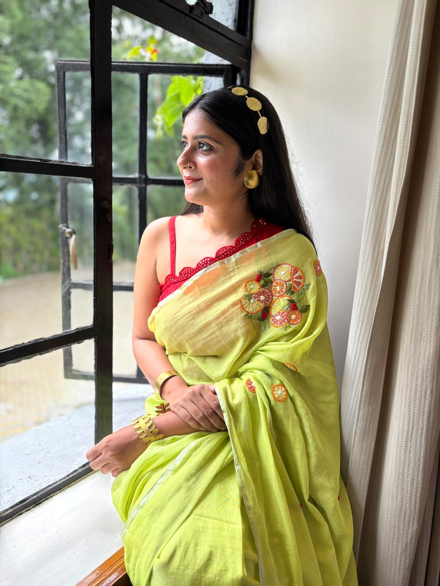 Lemons Green Hand-Embroidered Cotton Saree