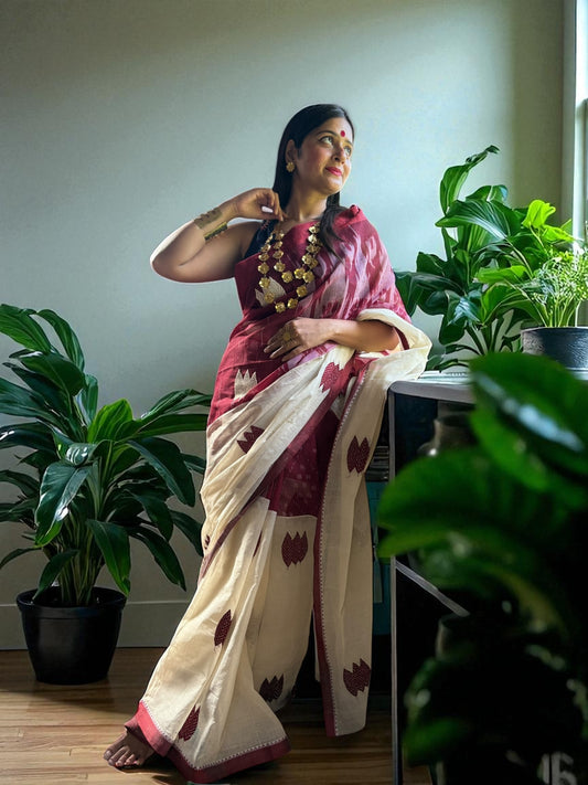 Autumn Leaf Cream Maroon Kantha Stitch Embroidered Cotton Saree