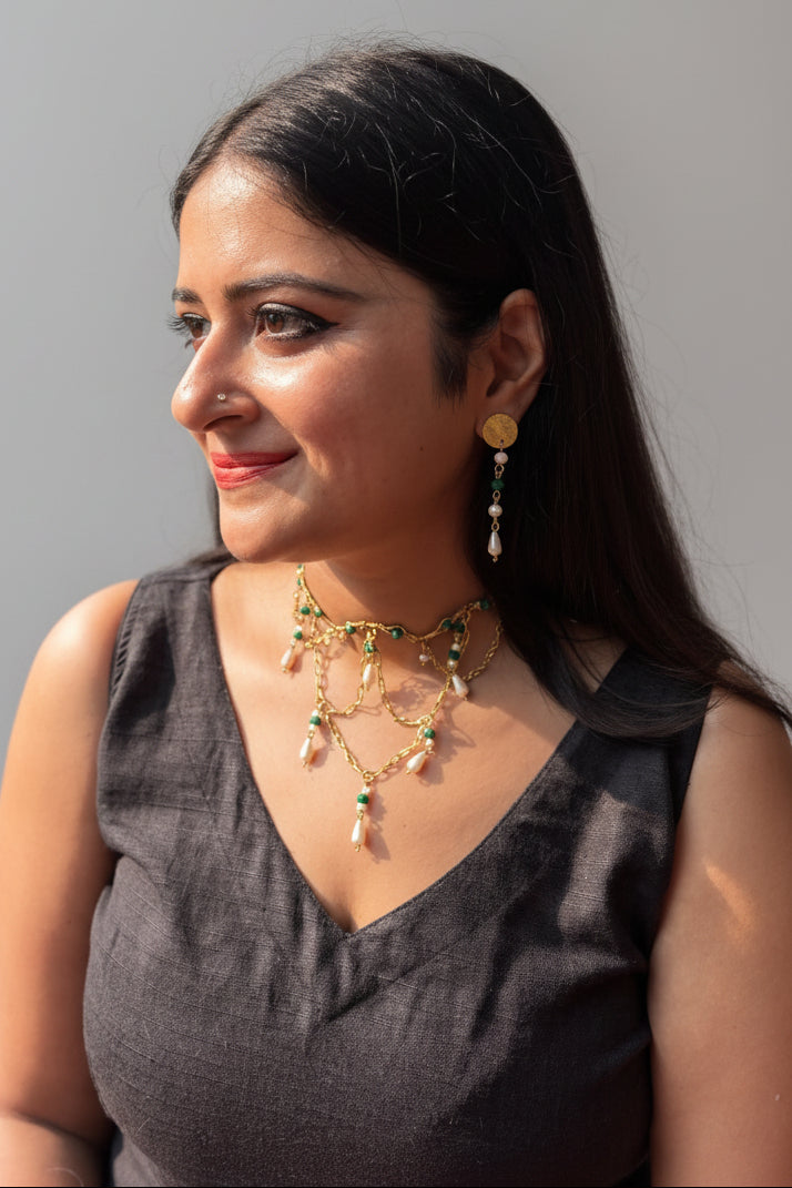 Queen Charlotte Crystal and Brass Choker Necklace Set ( Necklace + Earrings)- Green