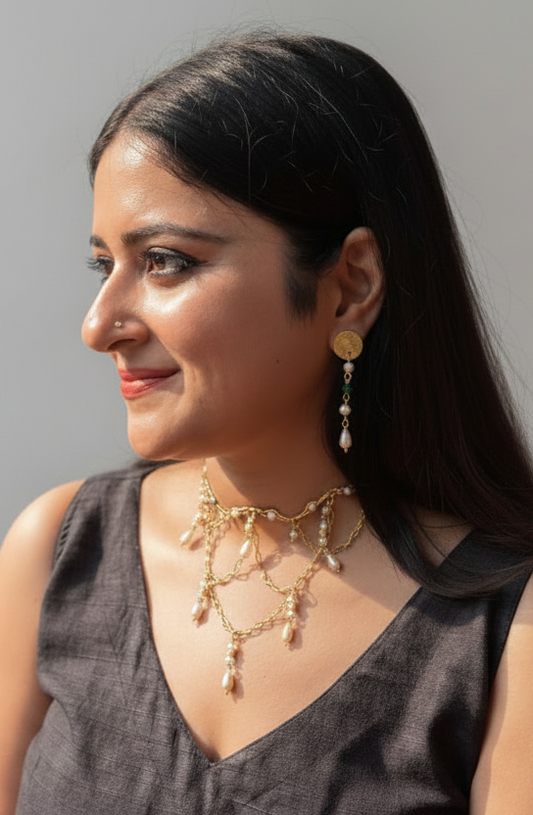Queen Charlotte Crystal and Brass Choker Necklace Set ( Necklace + Earrings) - White