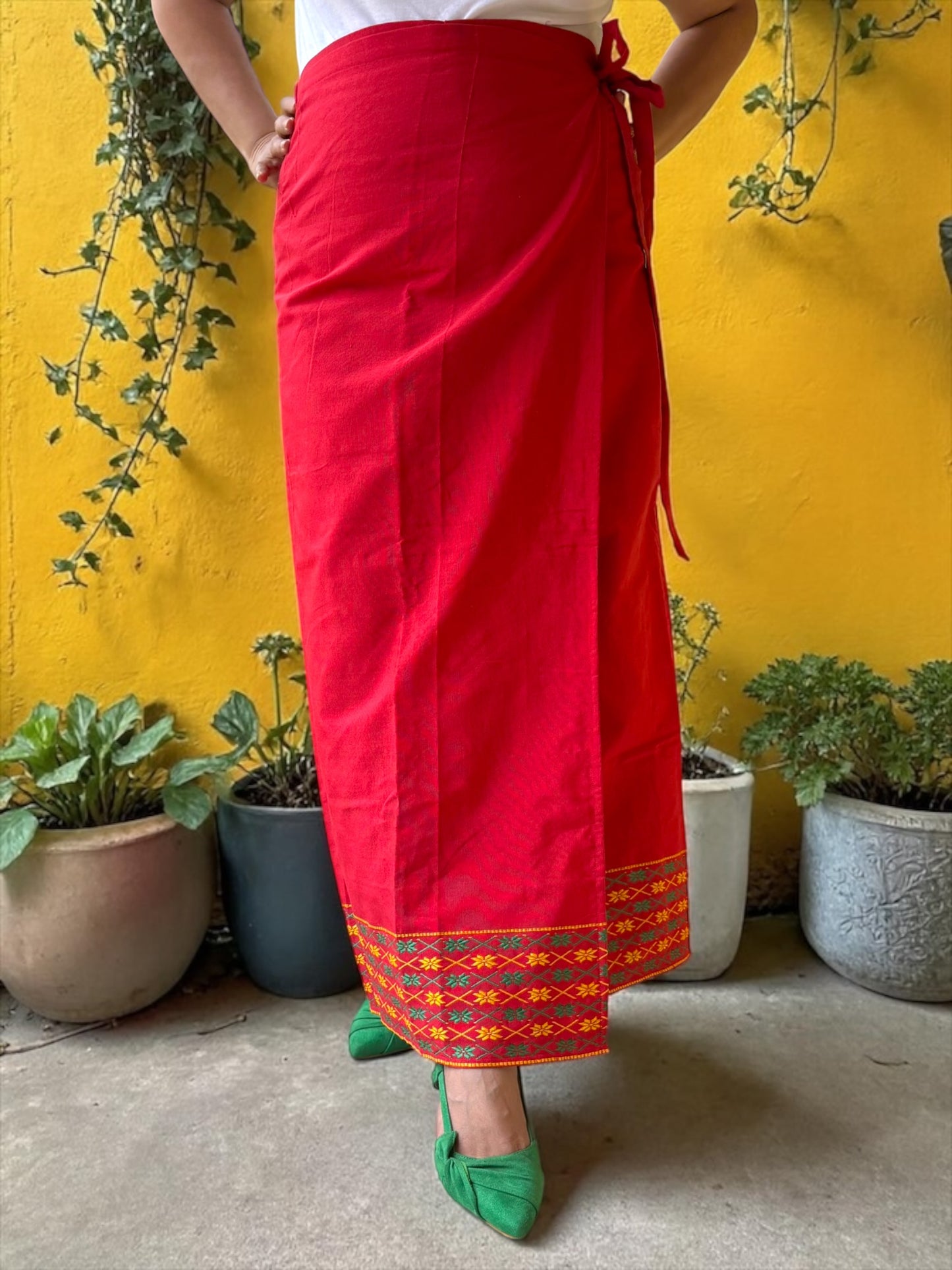 Naobi Assamese Cotton Wrap Skirt - Red