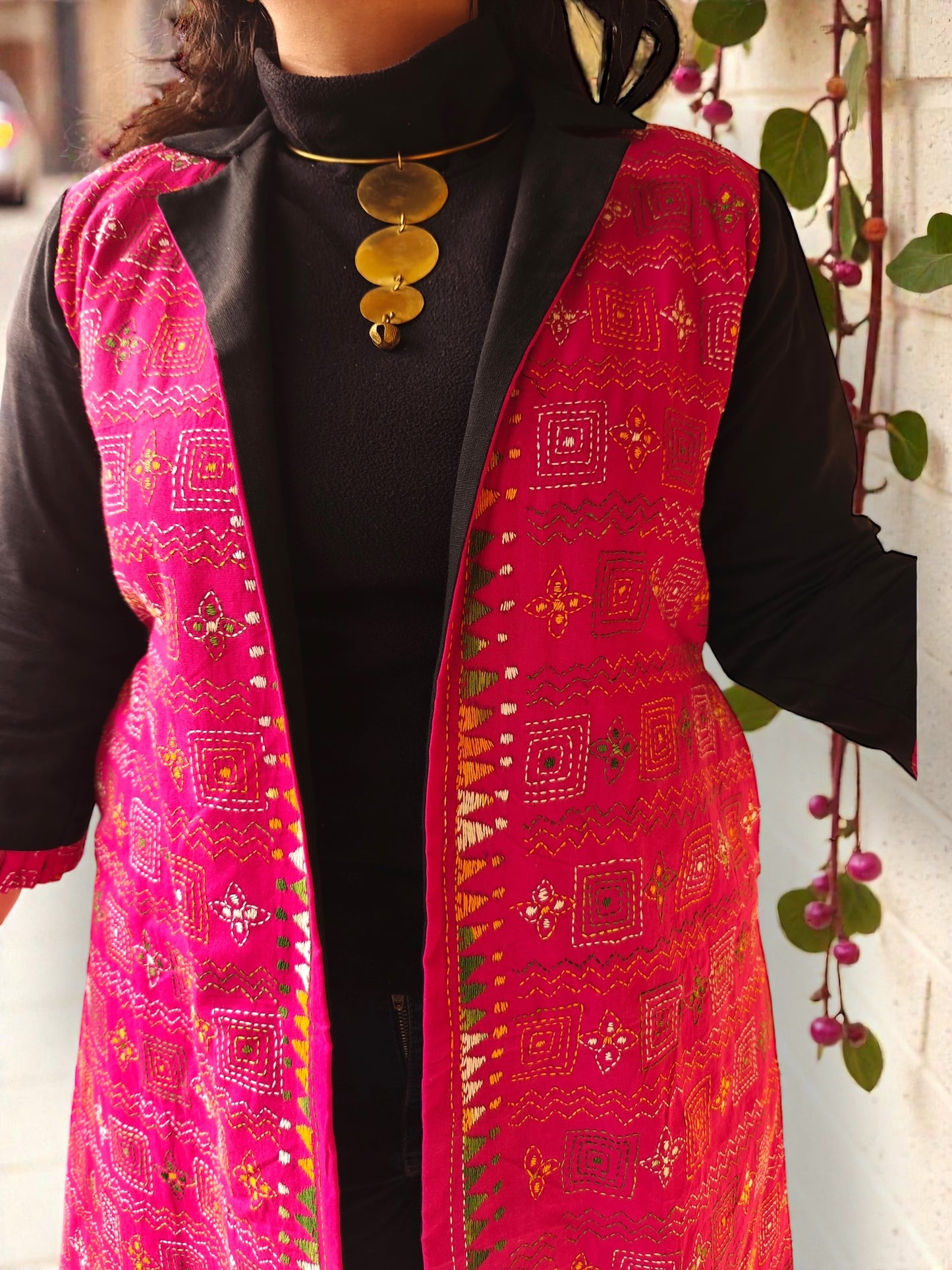 Malini Kanthastitch Cotton Long Jacket - Deep Pink