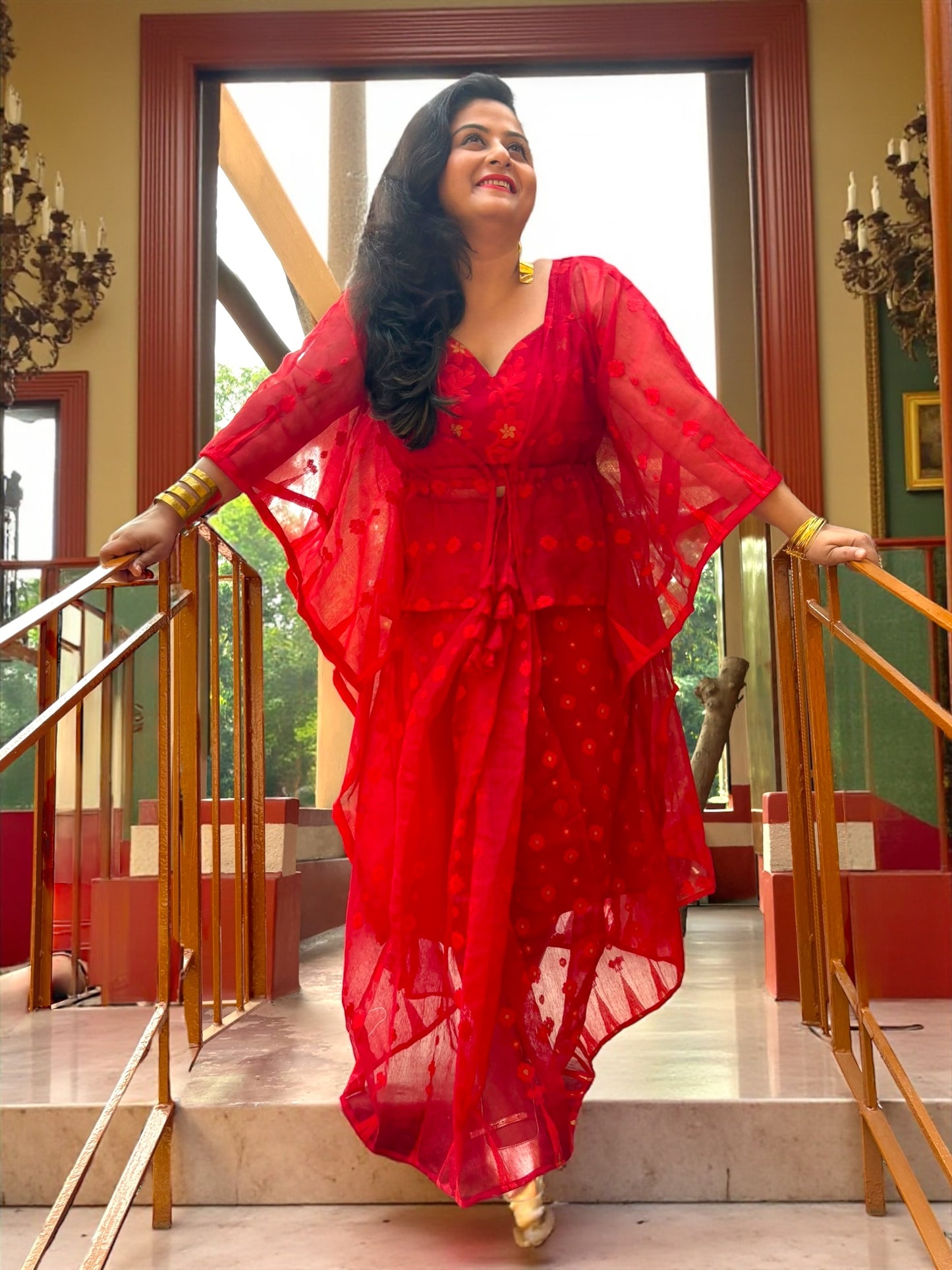 Rose Jamdani Saree Skirt, Kaftan Jacket & Top Coord Set