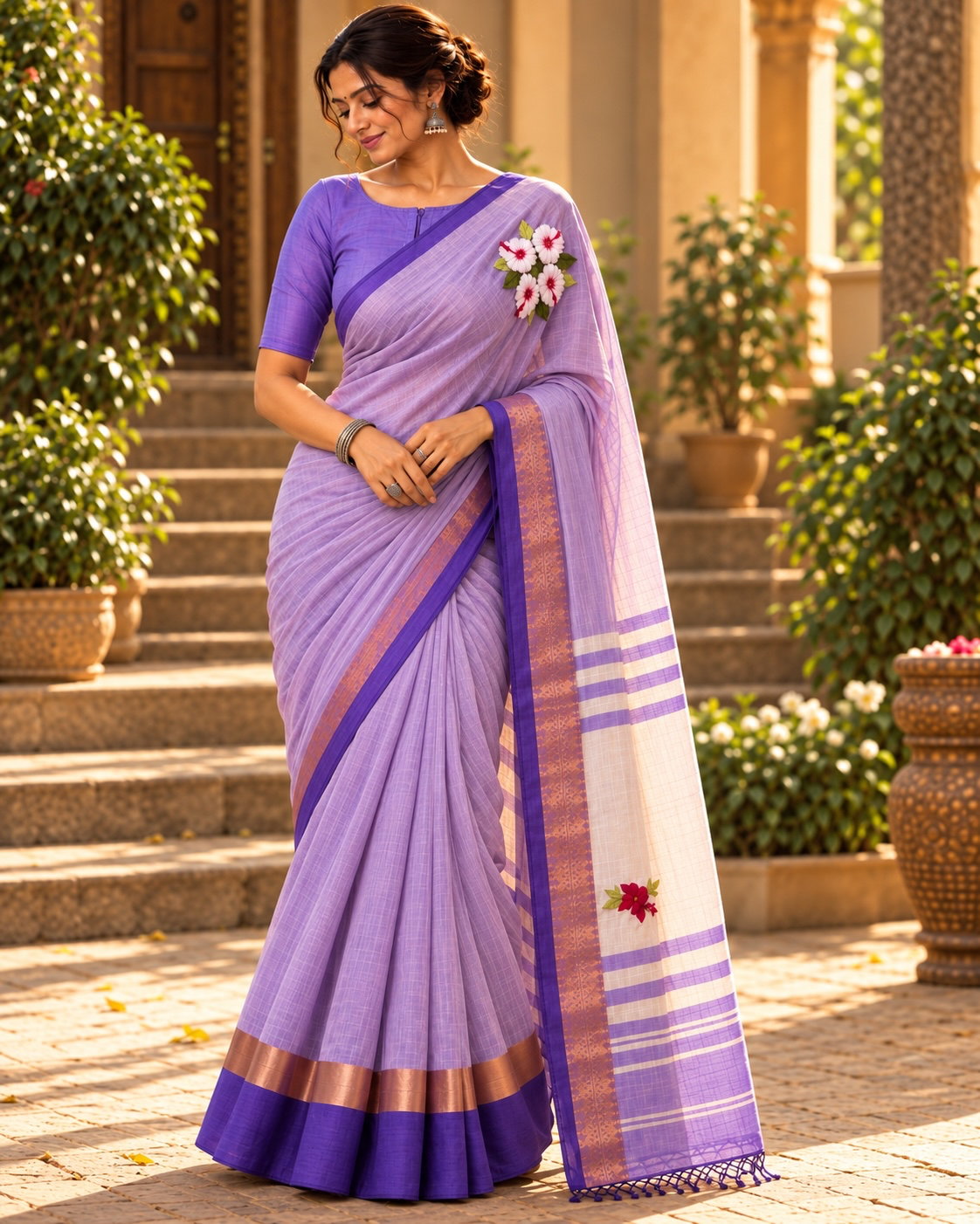 White Joba Hand-Embroidered Cotton Saree - Purple
