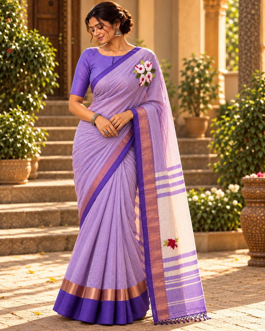 White Joba Hand-Embroidered Cotton Saree - Purple
