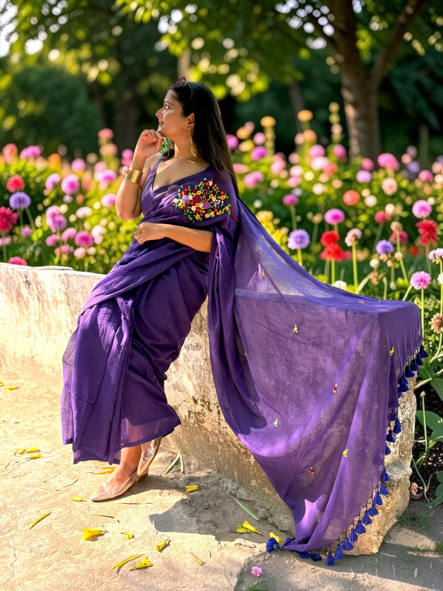 Guldasta Hand-Embroidered Handloom Saree - Purple