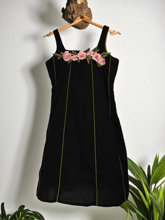 Akanksha Applique Black Cotton Striped Shift Dress