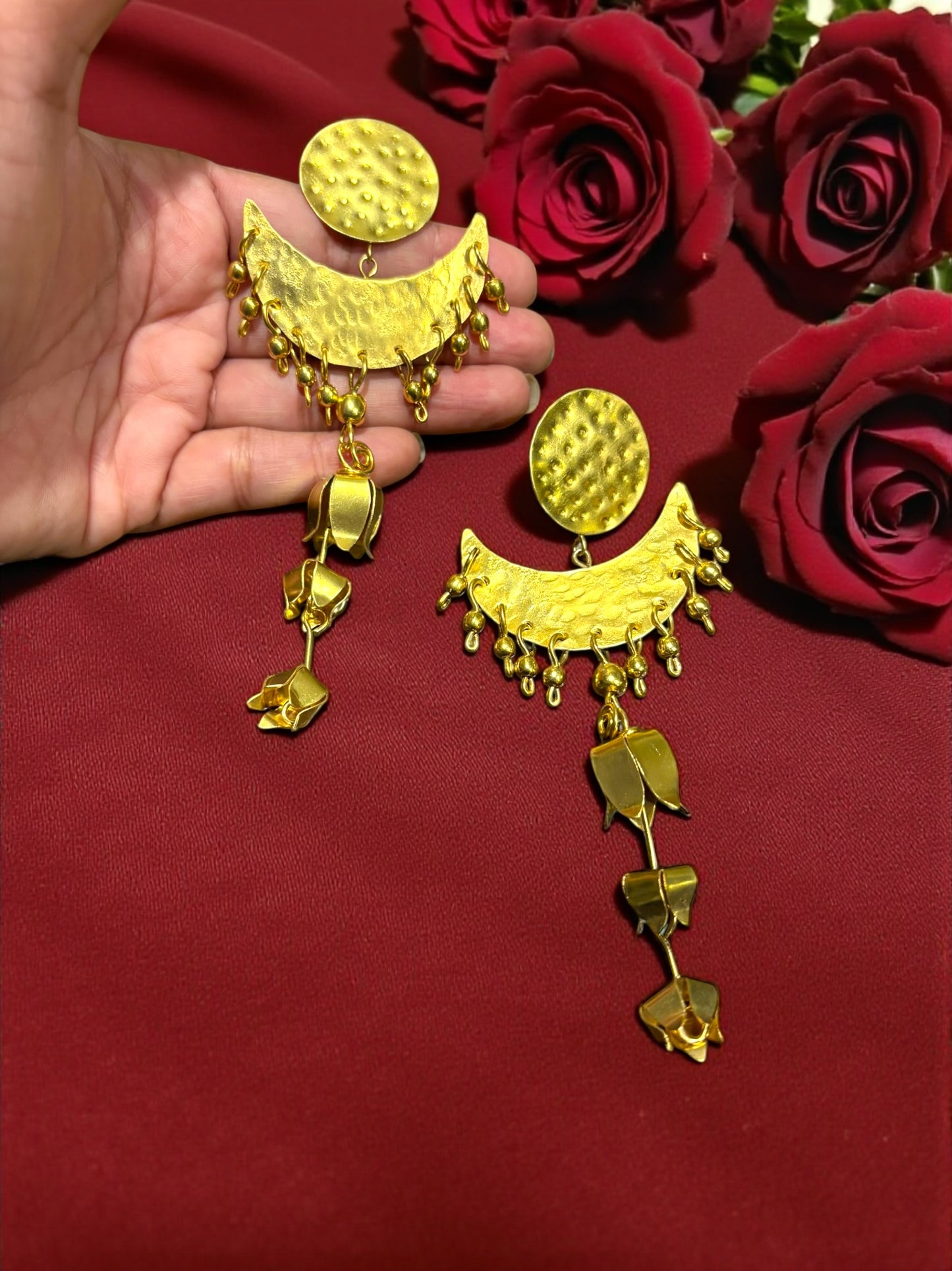 Moon Flower Brass Statement Dangler Earrings