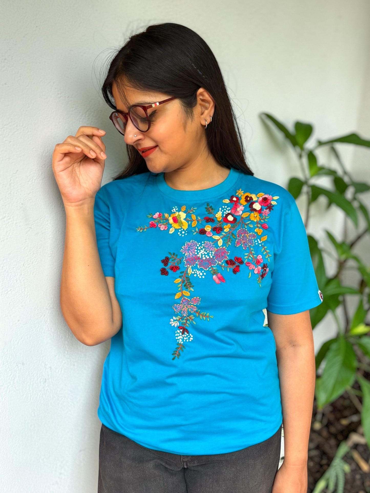 Hana Embroidered T-shirt -  Turquoise Shoulder