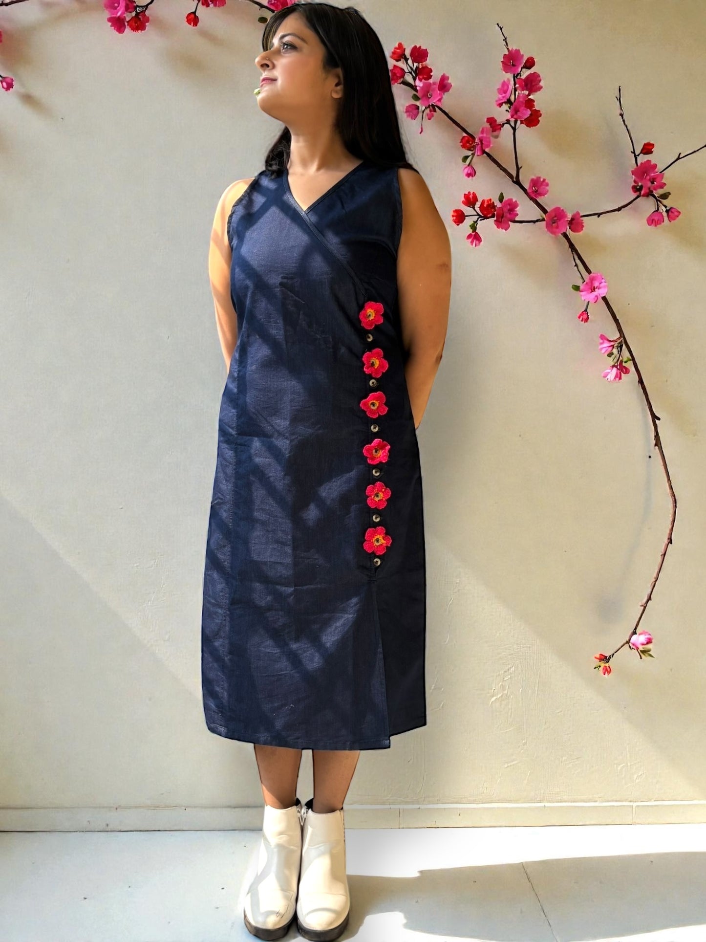 Lara Detachable Crochet Flower Denim Dress - Blue