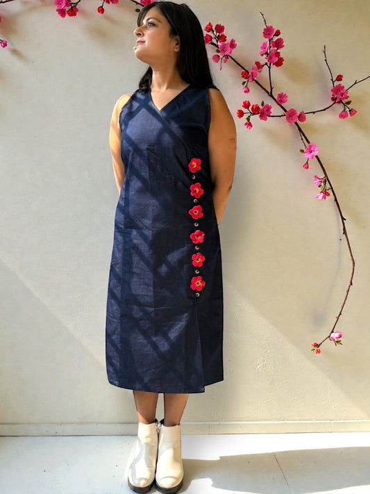 Lara Detachable Crochet Flower Denim Dress - Blue