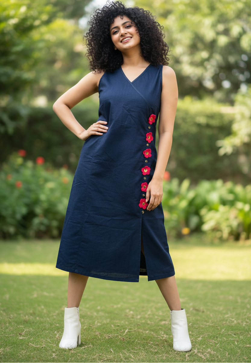 Lara Detachable Crochet Flower Denim Dress - Blue